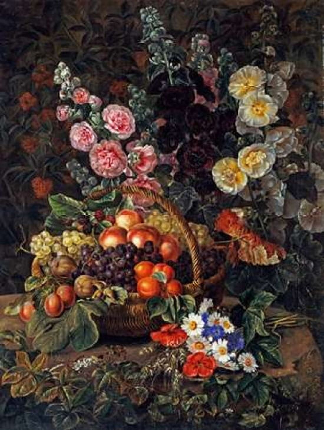 A Still Life of Flowers and a Basket of Fruit Canvas Art - Johan Laurents Jensen (18 x 24)