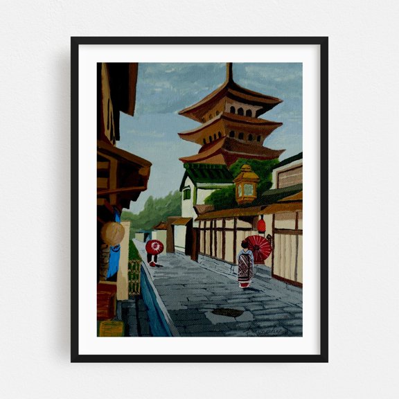 A Stroll in Old Kyoto - Painting Architecture Scenic Travel Poster Black Framed Wall Art Print 11 x 14 inches