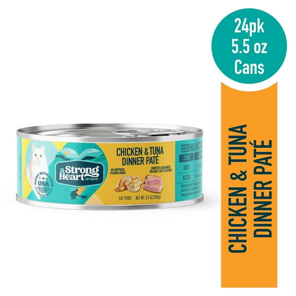 A Strong Heart Canned Wet Cat Food, Chicken & Tuna Dinner Pat - 5.5 oz Cans (Pack of 24), Made in The USA with Real Chicken & Tuna