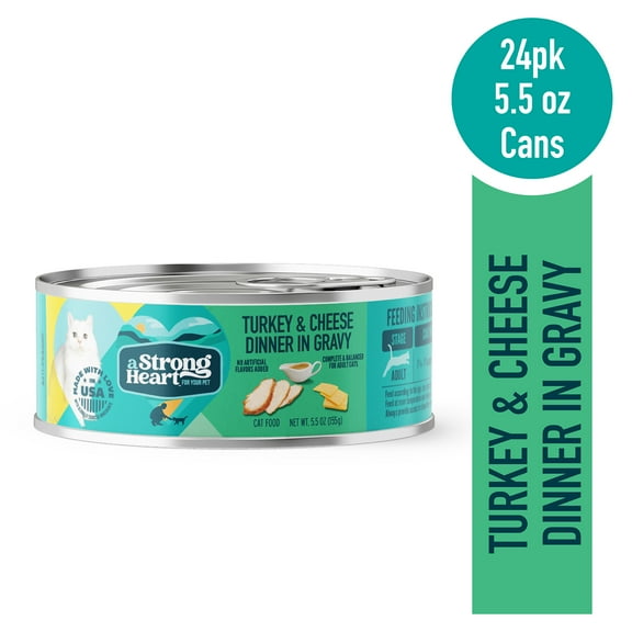 A Strong Heart Canned Wet Cat Food, Turkey & Cheese Dinner in Gravy - 5.5 oz Cans (Pack of 24), Made in The USA with Real Turkey