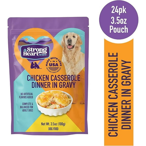 A Strong Heart Wet Dog Food Pouches, Chicken Casserole Dinner in Gravy, 3.5 oz Pouches (Pack of 24), Made in The USA with Real Chicken