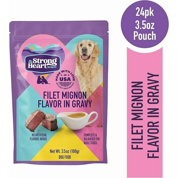 A Strong Heart Wet Dog Food Pouches, Filet Mignon Flavor in Gravy, 3.5 oz Pouches (Pack of 24), Made in The USA with Real Filet Mignon