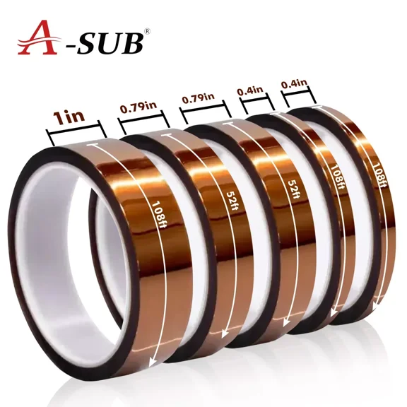 A-SUB 5 Rolls Mixed Size Heat Resistant Tapes for Sublimation Transfer,  Polymeid Kapton Thermal Tapes ,10mm+ 20mm+ 25mm