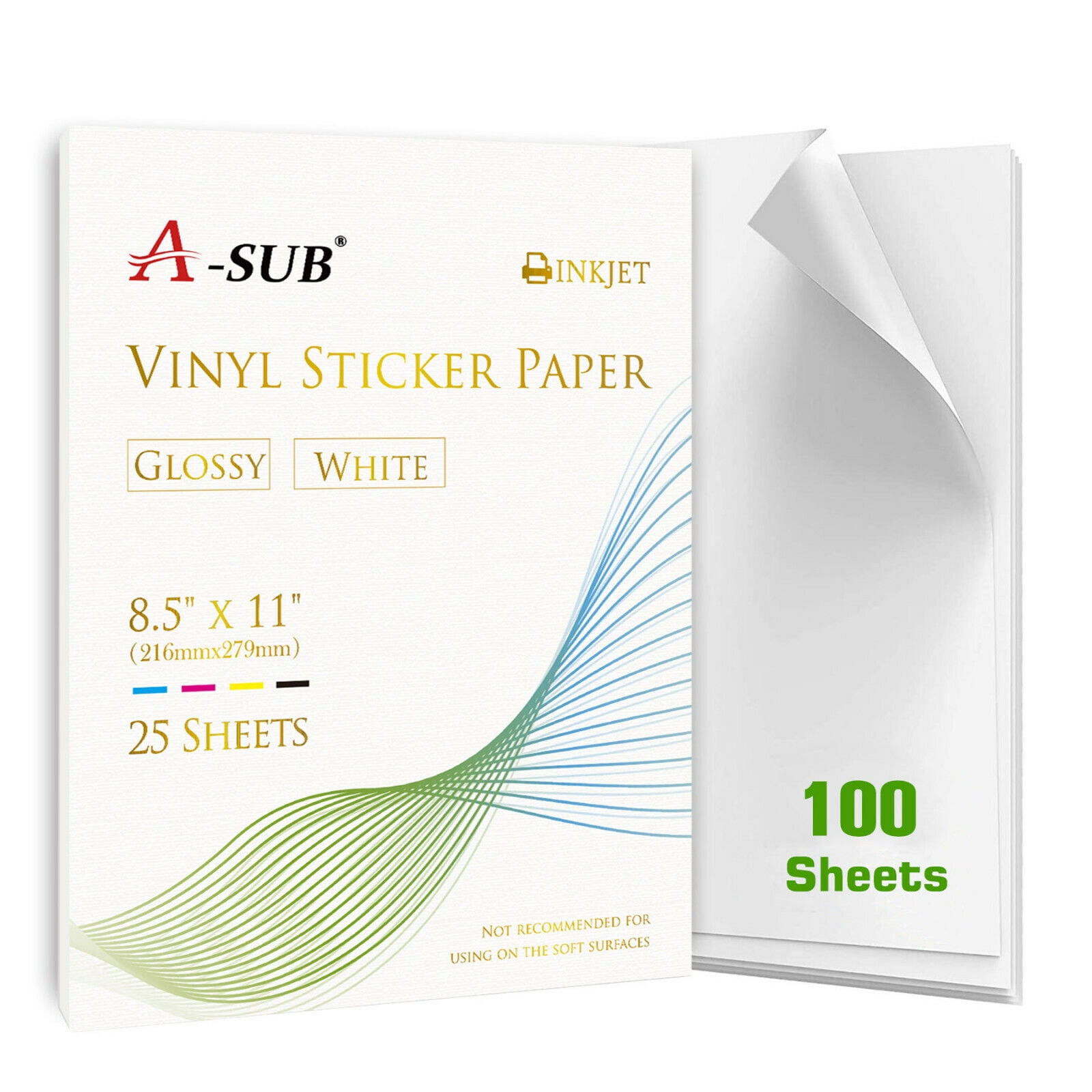 A-Sub Printable Vinyl Sticker Paper Glossy White Removable Waterproof Sticker  Paper for Inkjet Printer, Bulk 100 Sheets Compatible with Cricut, and Most  Laser Printers 