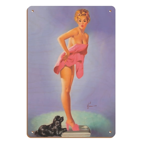 A Surprising Figure - Vintage Pin Up Girl Print by Edward Runci c.1949 - 8 x 12 inch Vintage Wood Art Sign