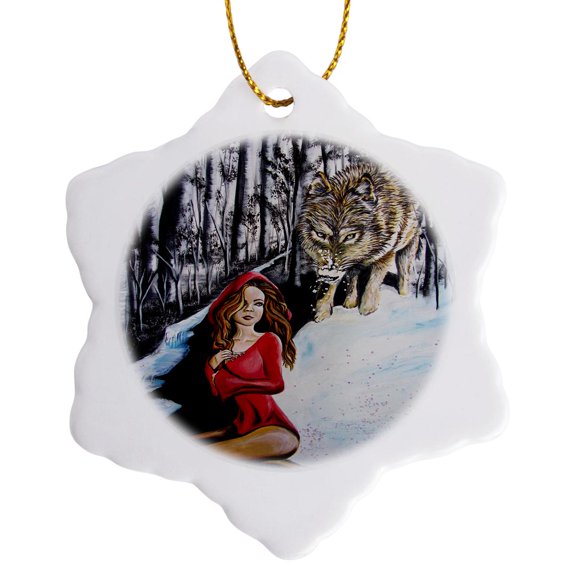 3drose, a Surrealist Painting of a Girl and a Wolf., 3 inch Snowflake Porcelain Ornament
