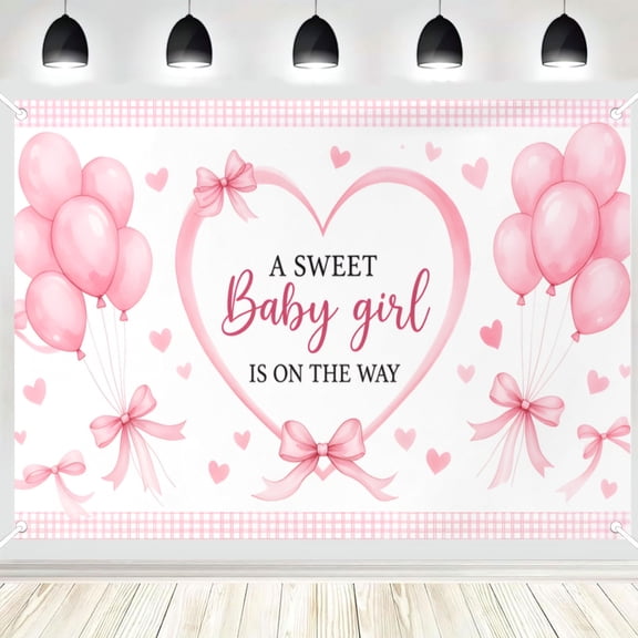 A Sweet Baby Girl Is On The Way Backdrop, Pink Balloon and Bow Photography Background, Baby Shower Party Banner, Photo Booth Decor 4x6ft