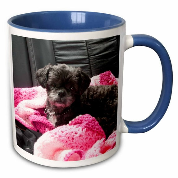 3drose, a Sweet Black Doggie on a Pink Blanket in Back Seat of Car, 15oz Two-tone Blue Mug