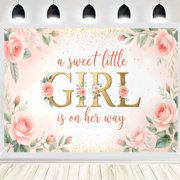 A Sweet Little Girl Is On Her Way Backdrop, Pink Rose and Gold Letter Photography Background, Baby Shower Party Banner, Photo Booth Decor 4x6ft