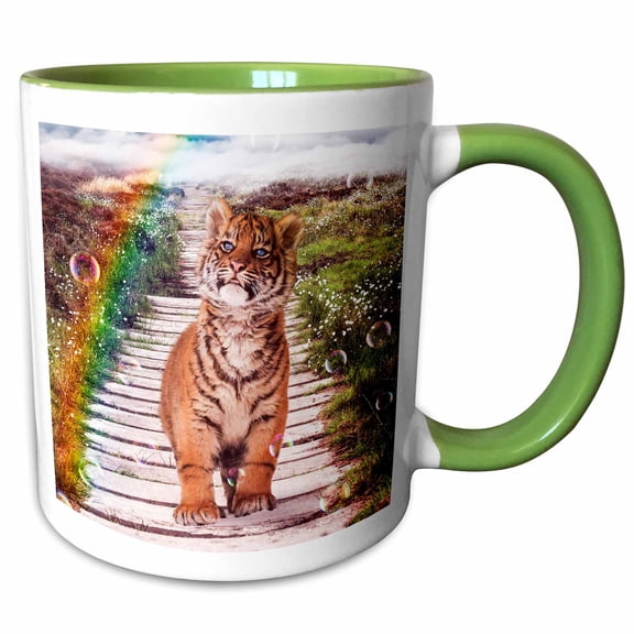 3drose, a Sweet Little Tiger Plays in a Meadow with Soap Bubbles, 11oz Two-tone Green Mug