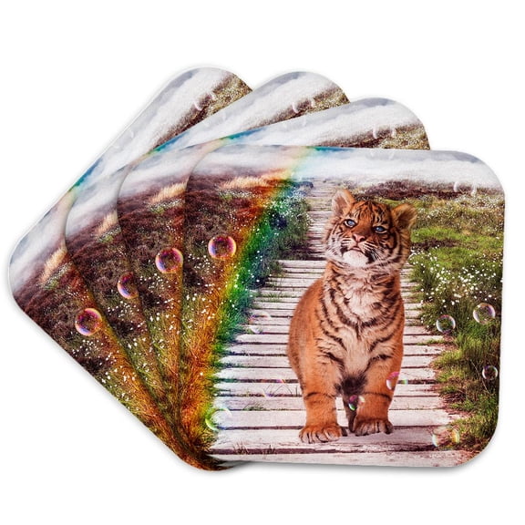 3drose, a Sweet Little Tiger Plays in a Meadow with Soap Bubbles, Set of 4 Coasters - Soft