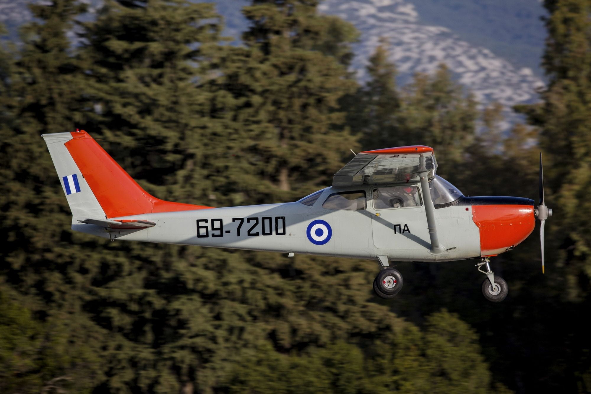 A T-41D trainer aircraft of the Hellenic Air Force flying over Tatoi Greece Canvas Art - Timm ZiegenthalerStocktrek Images (34 x 23)