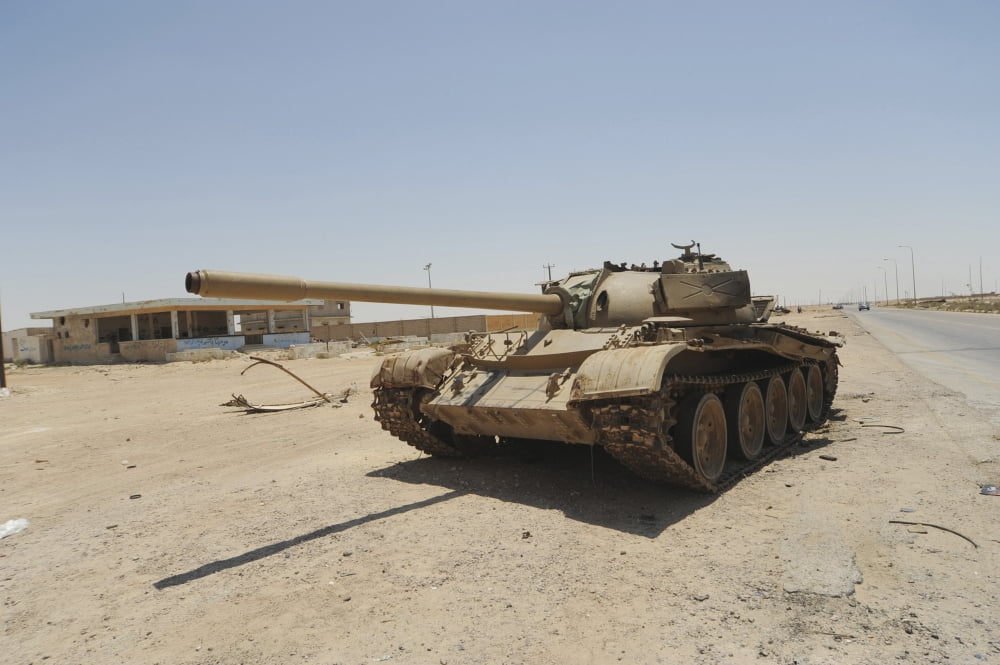 A T-55 tank destroyed by NATO forces in the desert north of Ajadabiya Libya Canvas Art - Andrew ChittockStocktrek Images (18 x 12)
