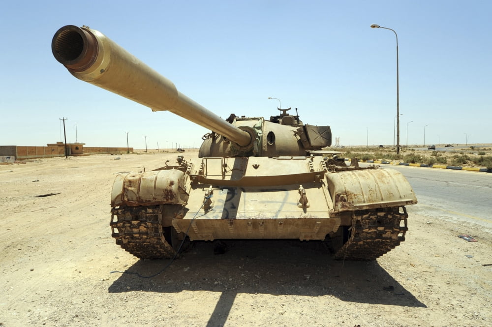 A T-55 tank destroyed by NATO forces in the desert north of Ajadabiya Libya Canvas Art - Andrew ChittockStocktrek Images (18 x 12)