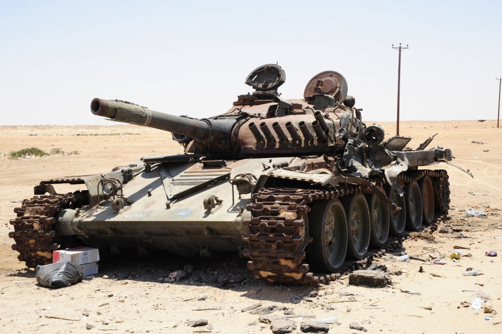 A T-72 tank destroyed by NATO forces in the desert north of Ajadabiya Libya Canvas Art - Andrew ChittockStocktrek Images (35 x 23)