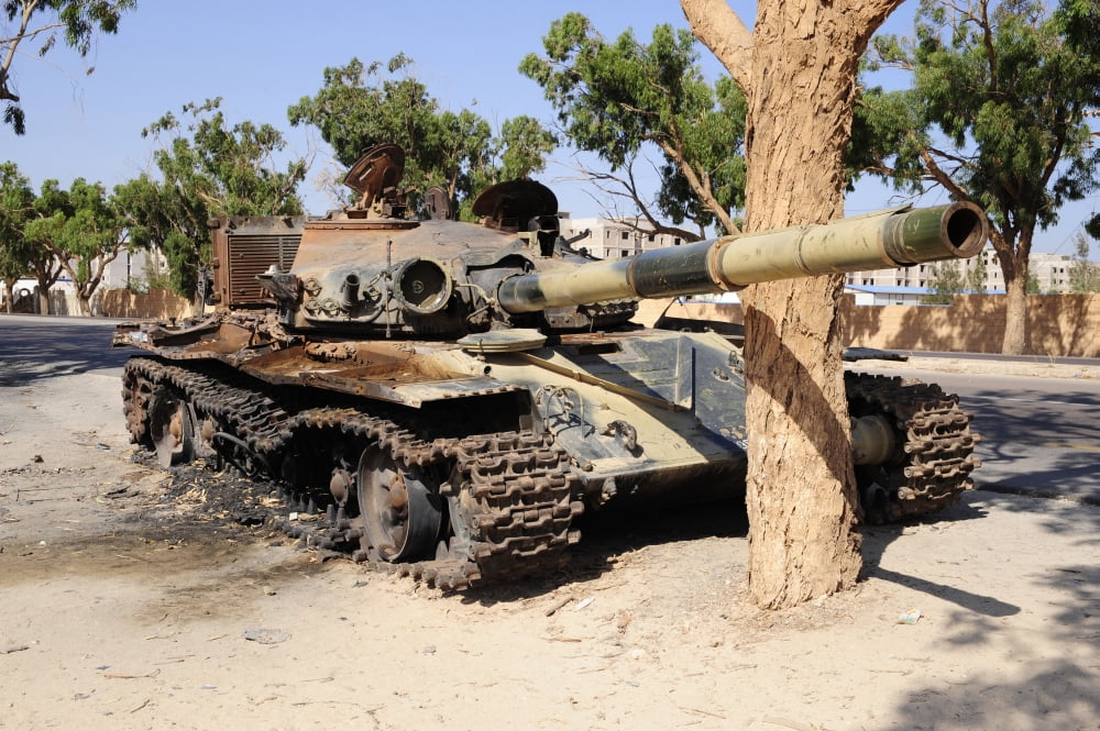 A T-72 tank destroyed by NATO forces just outside Benghazi Libya Canvas Art - Andrew ChittockStocktrek Images (35 x 23)