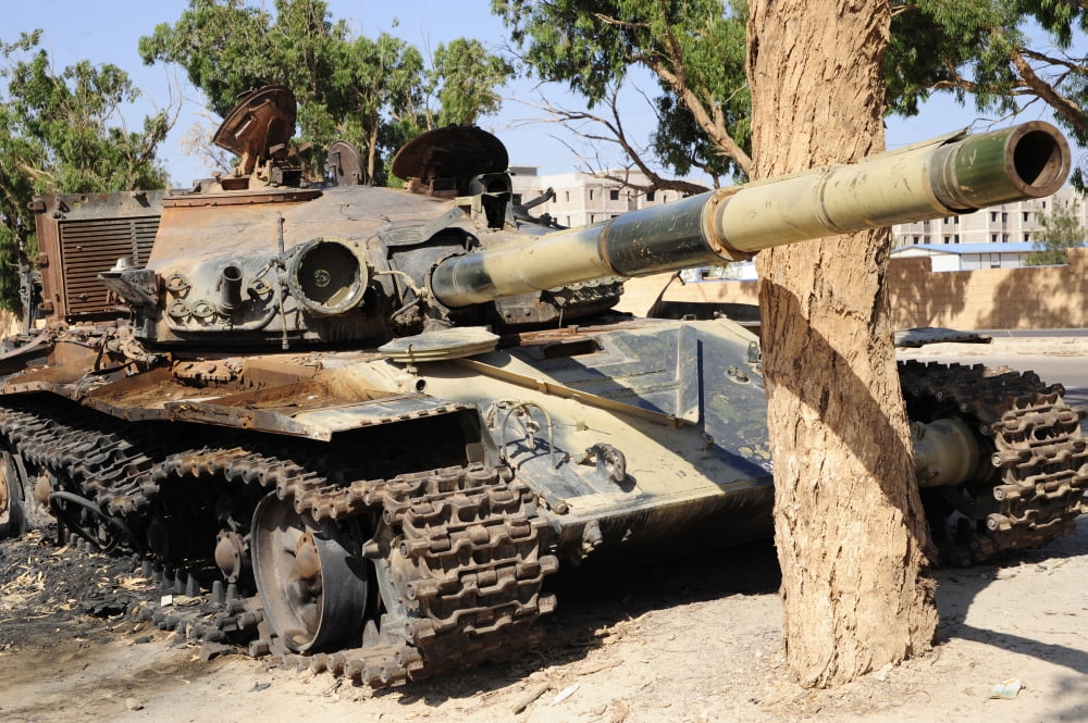 A T-72 tank destroyed by NATO forces just outside Benghazi Libya Canvas Art - Andrew ChittockStocktrek Images (35 x 23)
