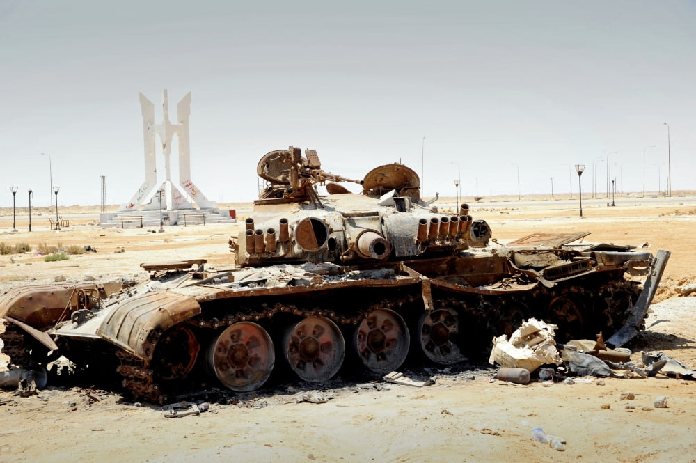 A T-80 tank destroyed by NATO forces in the desert north of Ajadabiya Libya Canvas Art - Andrew ChittockStocktrek Images (35 x 23)