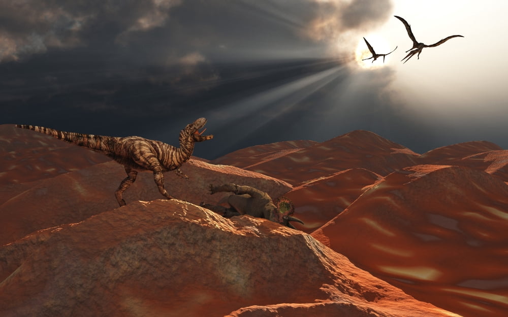 A T Rex and a pair of Quetzalcoatlus discover the carcass of a Triceratops Canvas Art - Mark StevensonStocktrek Images (18 x 12)