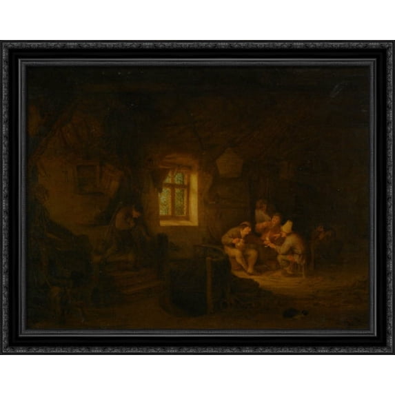 A Tavern Interior with Peasants Drinking Beneath a Window 34x28 Large Black Ornate Wood Framed Canvas Art by Adriaen van Ostade