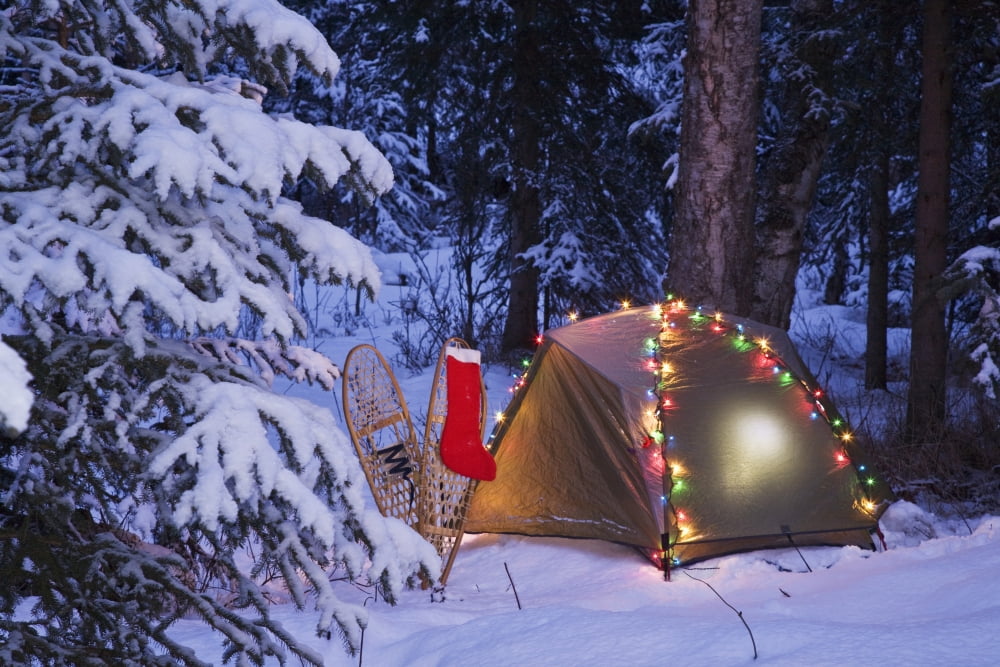 A Tent Is Set Up In The Woods With Christmas Lights And Stocking Near Anchorage Alaska Canvas Art - John Delapp Design Pics (34 x 22)