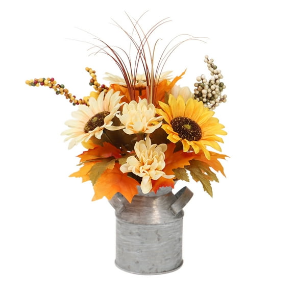 A Thanksgiving Tin Bucket Sunflower Bouquet Simulation Flower Arrangement For Harvest Festival Decor 11.81X7.87X5.12 Inches Version A