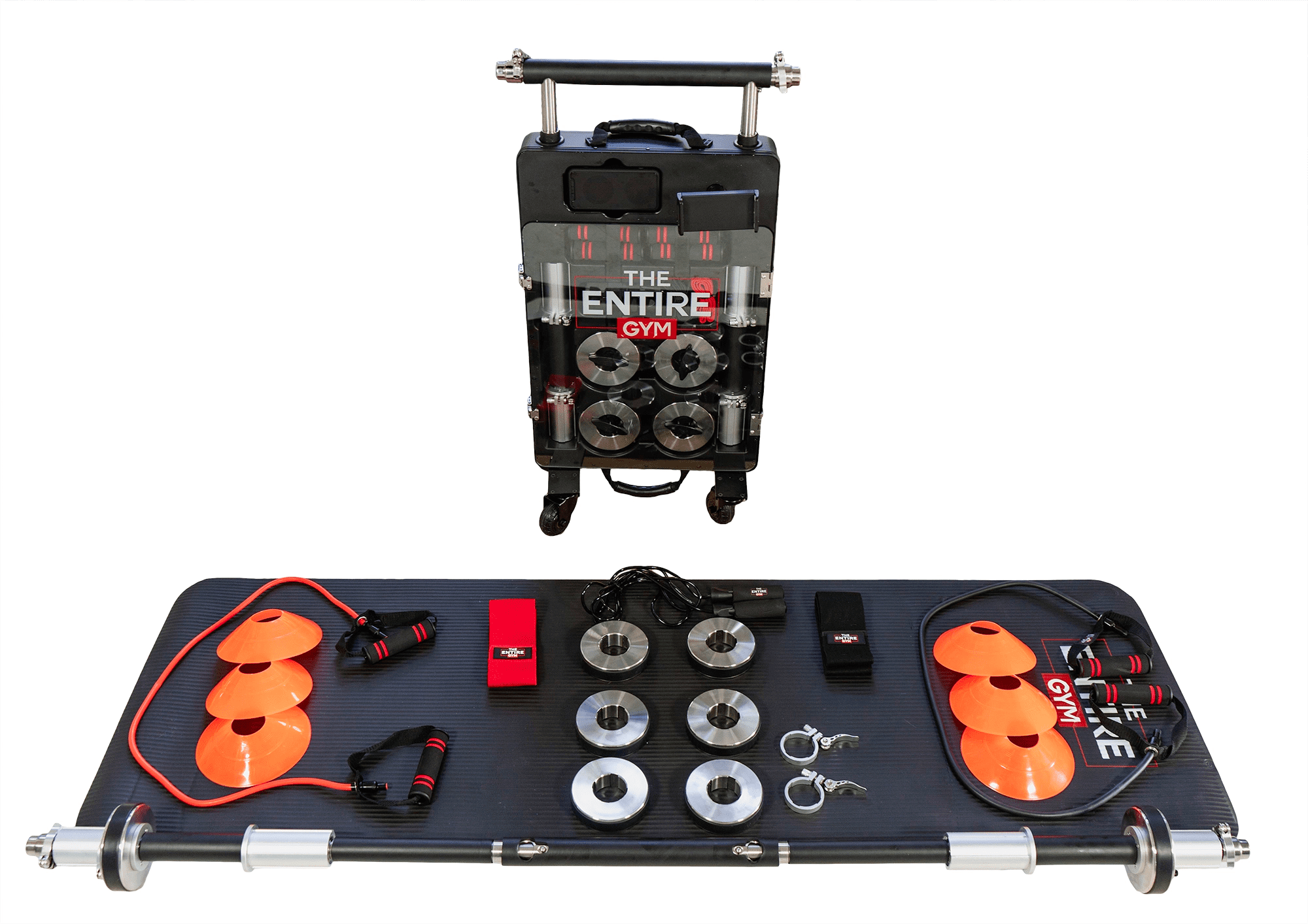 A The Entire Gym- Portable Home Gym Fitness Solution,Dumbbells Jump Rope Resistance Tube Booty Bands Workout Mat Bluetooth Speaker All-in-one Compact Full-sized Gym Rolling Case
