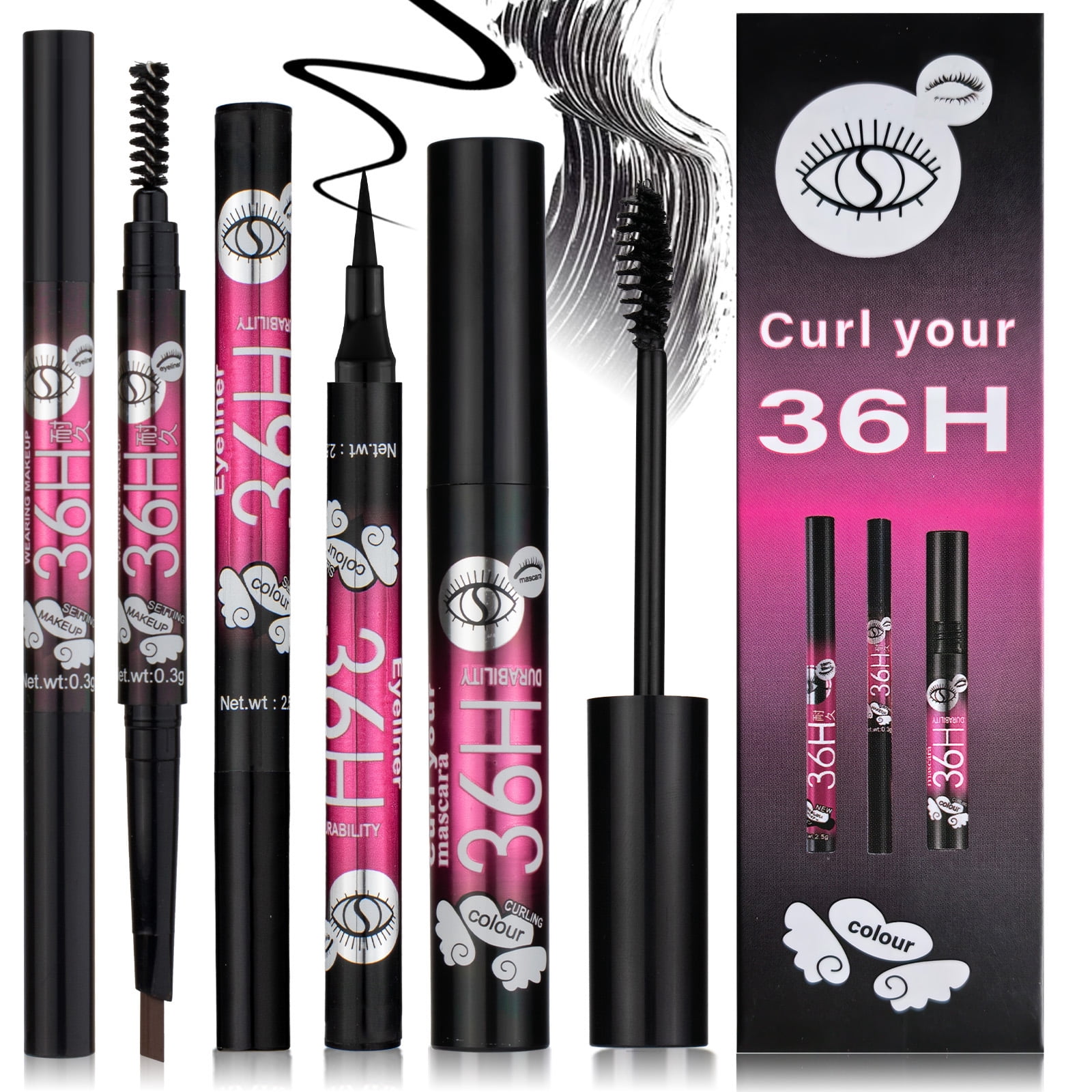 A ThreePiece Eye Makeup Set That Includes a Dark Brown Eyebrow Pencil, Volumizing Mascara, and a Precision Eyeliner Pencil