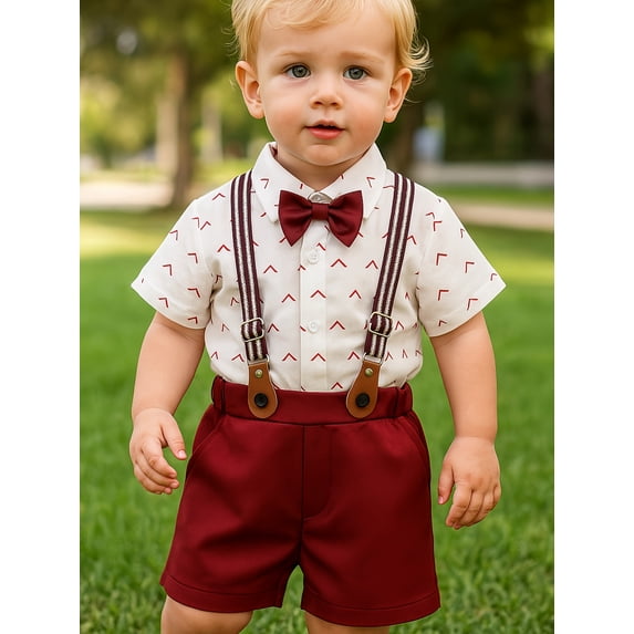 A Three-Piece Set for Baby Boys Featuring a White Short-Sleeve Shirt, Khaki Shorts, And a Complimentary Belt with a Bow Tie, for Outdoor