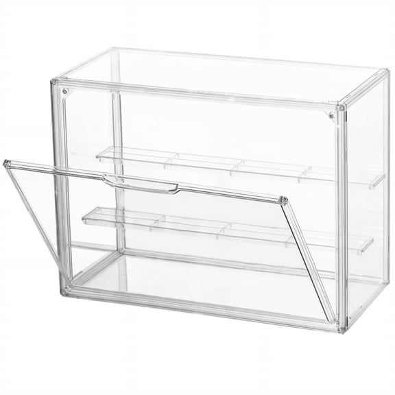 A Three-Tier Acrylic Display Case with Two Movable Panels That Are Stackable and Have Doors for Action Figures