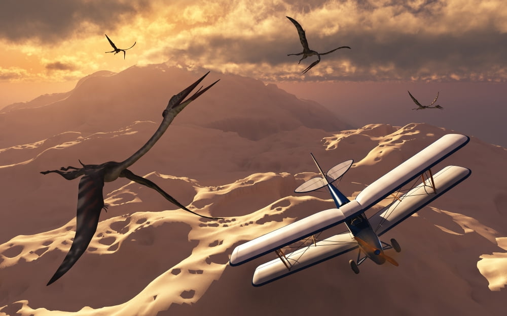 A Tiger Moth biplane passes through a flock of Quetzalcoatlus pterosaurs Canvas Art - Mark StevensonStocktrek Images (18 x 12)