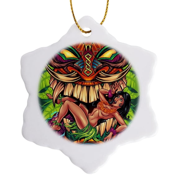3drose, a Tiki Head Design with Bikini Girl, 3 inch Snowflake Porcelain Ornament