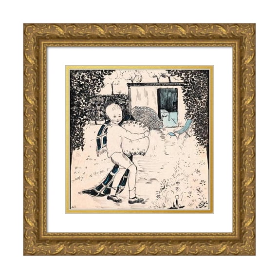 A. Tinbergen 12x12 Gold Ornate Wood Frame and Double Matted Museum Art Print Titled - Boy with Pillows and Blanket in a Garden (1925)