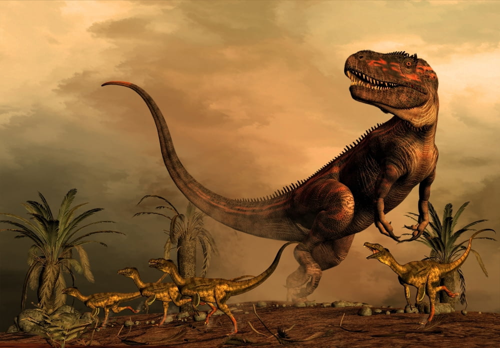 A Torvosaurus on the prowl while a group of Ornitholestes flee a hasty retreat Canvas Art - Philip BrownlowStocktrek Images (34 x 24)