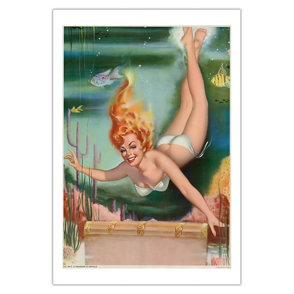A Treasure to Behold - Hawaiian Pin Up Glamour Girl - Underwater Mermaid Pose - Vintage Pin Up Girl Print by Freeman Elliot c.1950s - Fine Art Matte Paper Print (Unframed) 30x44in