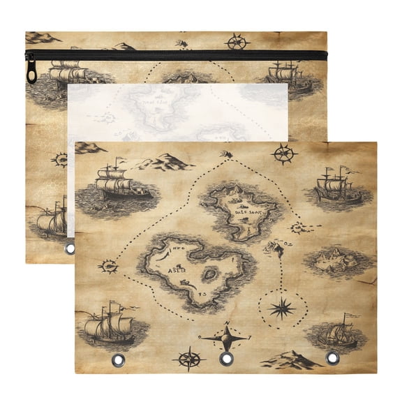 A Treasure Map A4 Pencil Pouch 3 Ring Zipper Pencil Pouches Pencil Case for Binder Cosmetic Bag 2 Pack