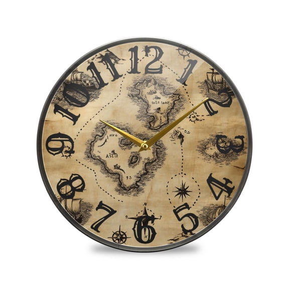 A Treasure Map Wall Clock 10 Inch Silent Non Ticking Battery Operated Easy to Read for Kitchen Living Room