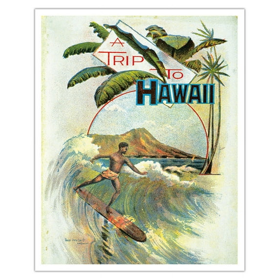 A Trip To Hawaii - Hawaiian Surf Rider - Diamond Head Crater Honolulu - Vintage Travel Poster c.1894 - Fine Art Matte Paper Print (Unframed) 16x20in