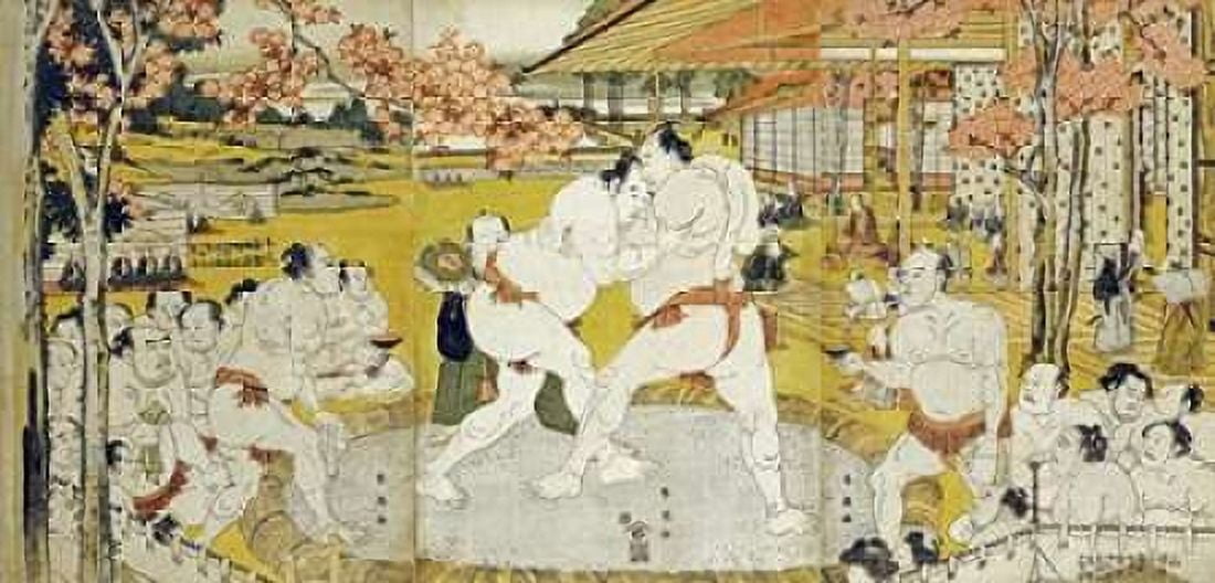 A Triptych of a Wrestling Bout Canvas Art - Katsukawa Shunei (10 x 20)