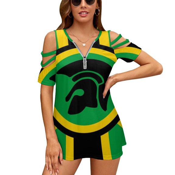 A Trojan Uk Flag in The Colors of Jamaica Womens Summer V Neck Zipper Top Short Sleeve T Shirt Off Shoulder Top Casual Classy Loose Shirts