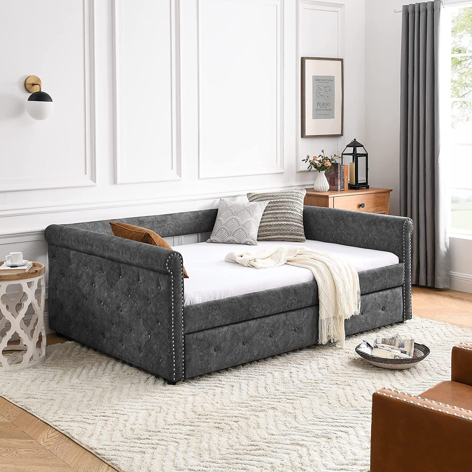 with A Trundle HABITRIO Solid Wood Structure Gray Fabric Upholstered Full Size Day Bed Frame w