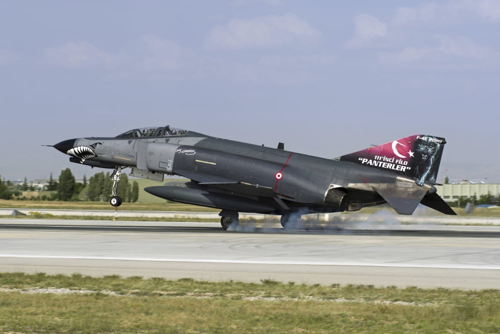 A Turkish Air Force F-4E-2020 Terminator landing on the runway Canvas Art - Daniele FaccioliStocktrek Images (34 x 23)