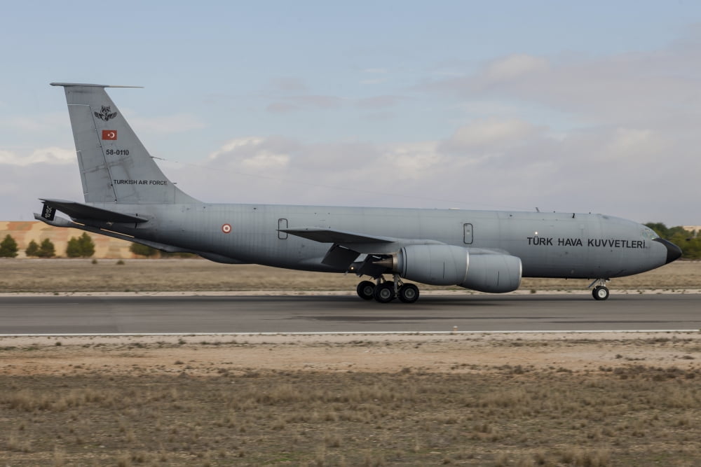 A Turkish Air Force KC-135R tanker landing at Albacete Air Base Spain Canvas Art - Timm ZiegenthalerStocktrek Images (34 x 23)