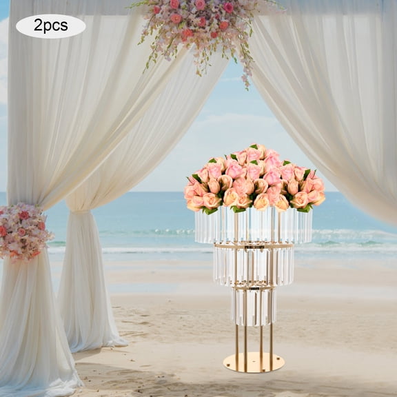 A Two-Piece Three-Layer Ice Curtain Crystal Flower Stand with A Golden Round Base