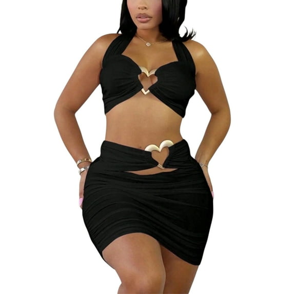 Women’s 2-Piece Black Halter Crop Top and Skirt Set – Heart-Shaped Button Matching Summer Party Outfit (2025)