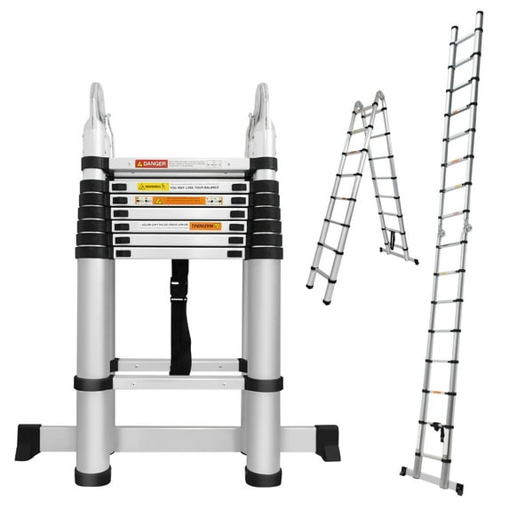A-Type Telescoping Ladder with Stabilizer Bar, 16.4ft (8.2ft + 8.2ft) A Shape Folding Ladder Portable Ladder 330lbs Load Capacity, 3ft Folded Height Easy to Store, Multi-purpose Home Ladder