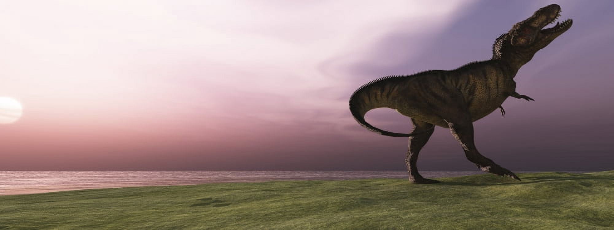 A Tyrannosaurus Rex dinosaur roars his defiance on an oceanside bluff Canvas Art - Corey FordStocktrek Images (23 x 9)