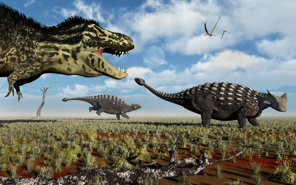 A Tyrannosaurus Rex hunting down a pair of Ankylosaurus dinosaurs Canvas Art - Mark StevensonStocktrek Images (36 x 23)