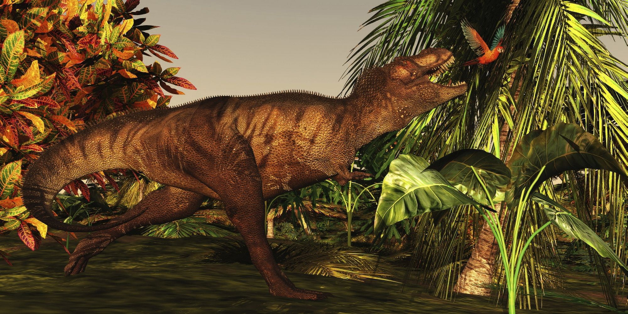 A Tyrannosaurus Rex runs after a beautiful Cuban Red Macaw Canvas Art - Corey FordStocktrek Images (40 x 20)