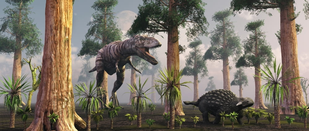 A Tyrannosaurus Rex tracking down a lone Ankylosaurus dinosaur Canvas Art - Mark StevensonStocktrek Images (22 x 10)